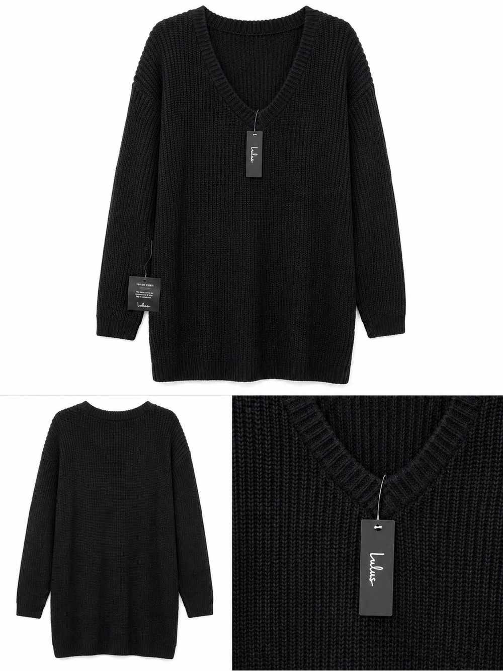NWT Lulus black chunky knit V-back sweater dress. XL